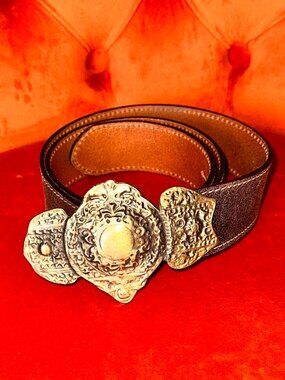 BERGE Vintage Style Brass Buckle Brown Unisex Leather Belt - Size Medium